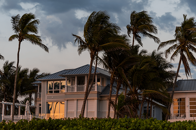 Image of a well-built, luxurious looking home surrounded by storm clouds and waving palm trees.